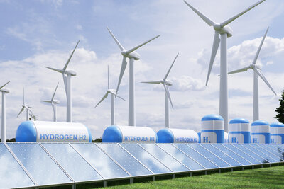 Windräder mit Solarpanelen und CO2 Speicherung, 3D Illustration